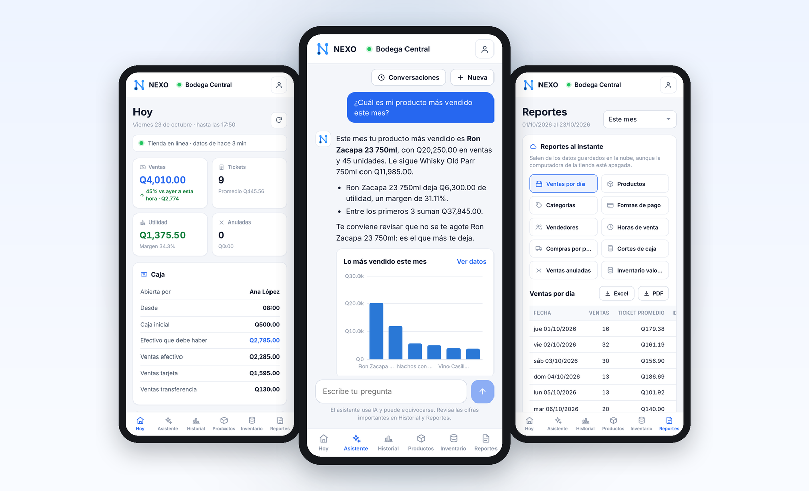 NEXO POS en el celular: panel, asistente y reportes